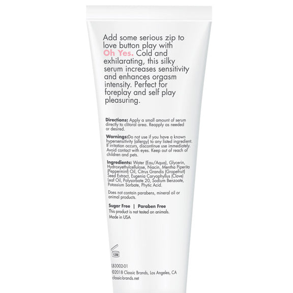 Backside of the tube of CG Oh Yes Clitoral Cooling Serum | Kinkly Shop