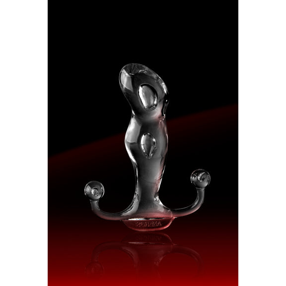 The Aneros Progasm Ice in front of a black and red background. The light shimmers in front of the black background, showcasing the see-through, clear design of the massager. | Kinkly Shop