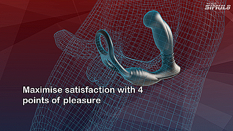 GIF of the Nexus Simul8 inserted into the body. The prostate massager is nestled up against the p-spot while the two cock rings are wrapped around the testicles and shaft. The words on the GIF read "Maximise satisfaction with 4 points of pleasure." | Kinkly Shop