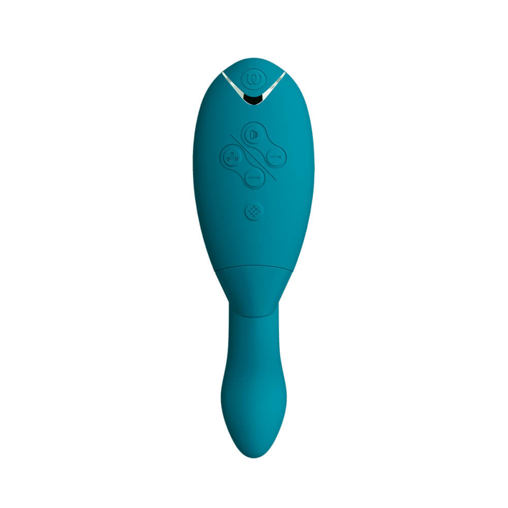 The control panel of the Womanizer Duo 2 faces the camera. This showcases the 5 buttons on the top of the Womanizer Duo 2. Two of the buttons control the air suction intensity while two of the buttons control the vibrating shaft. The final button controls the patterns that the toy is equipped with. The seam of the removable/interchangeable tip can also be seen from this angle. | Kinkly Shop